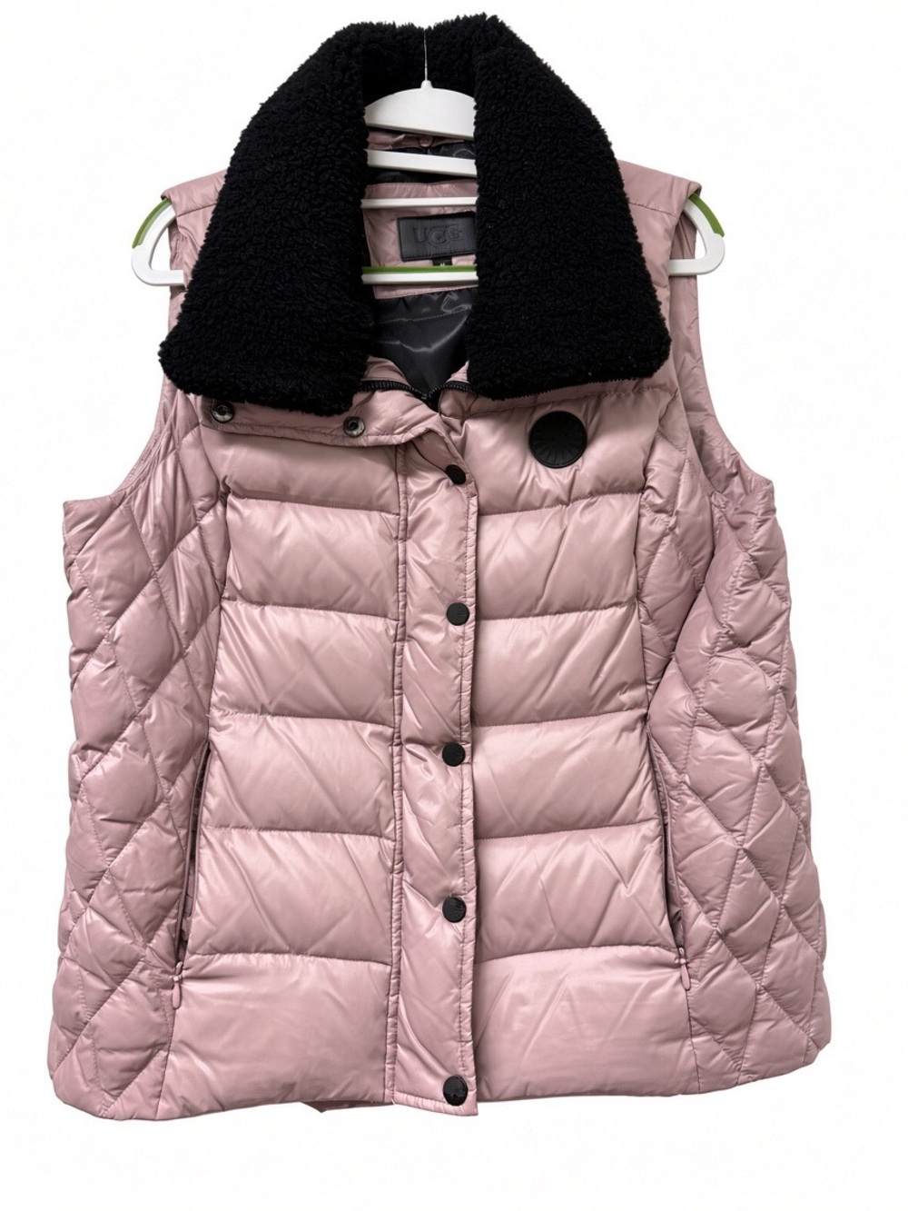 UGG Dusty Pink Quilted Down Puffer Vest with Black Sherpa Collar